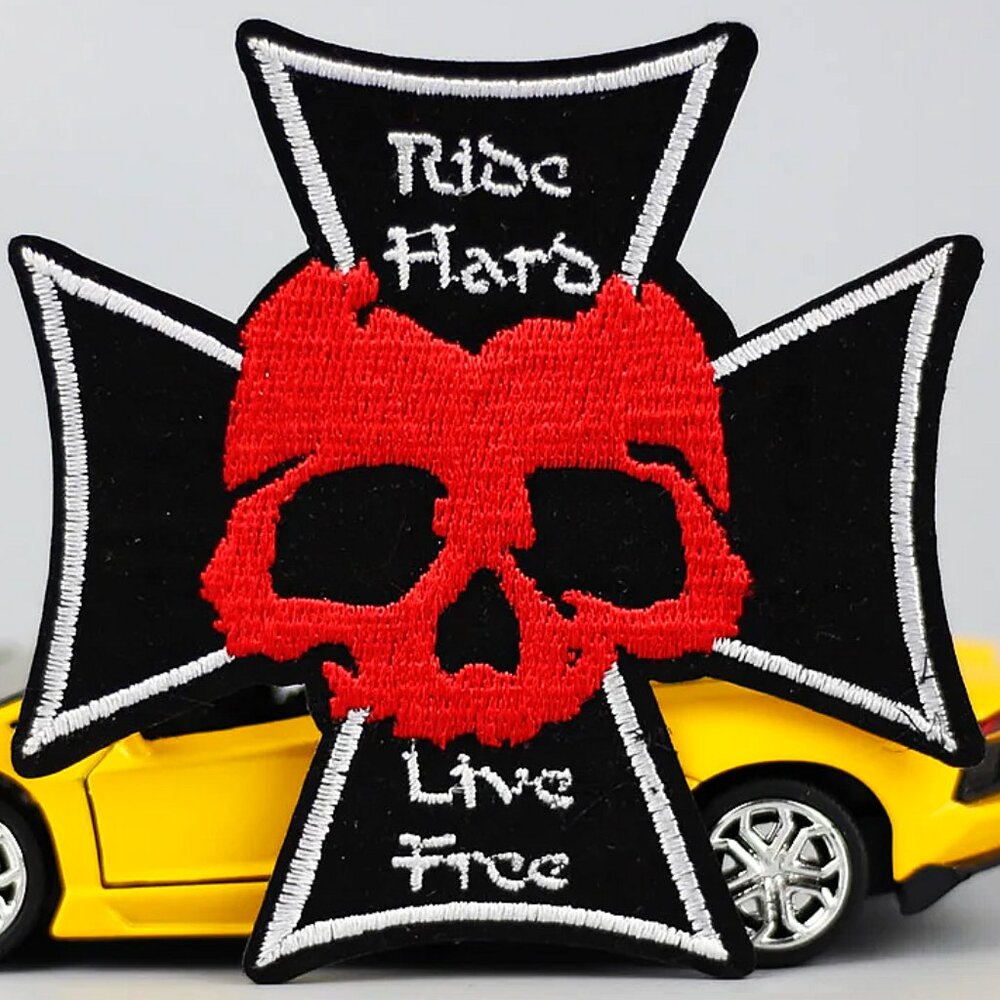 IRON On Patch " Ride Hard , Live Free" Iron Cross Skull Patch Red Skull Biker Mo